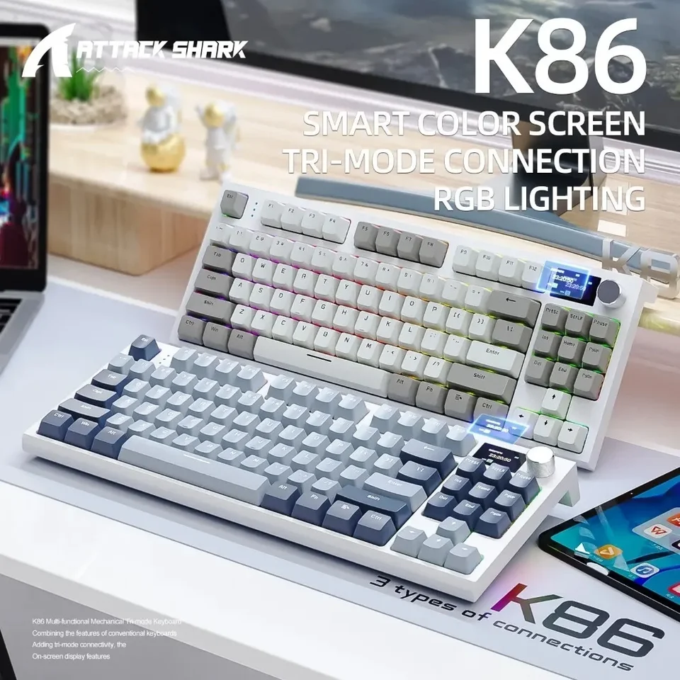 K86 Bezdrôtová mechanická klávesnica Hot Zremená Bluetooth 2.4G s tlačidlom Rotary obrazovky a rotačného tlačidla pre hranie hier a prácu