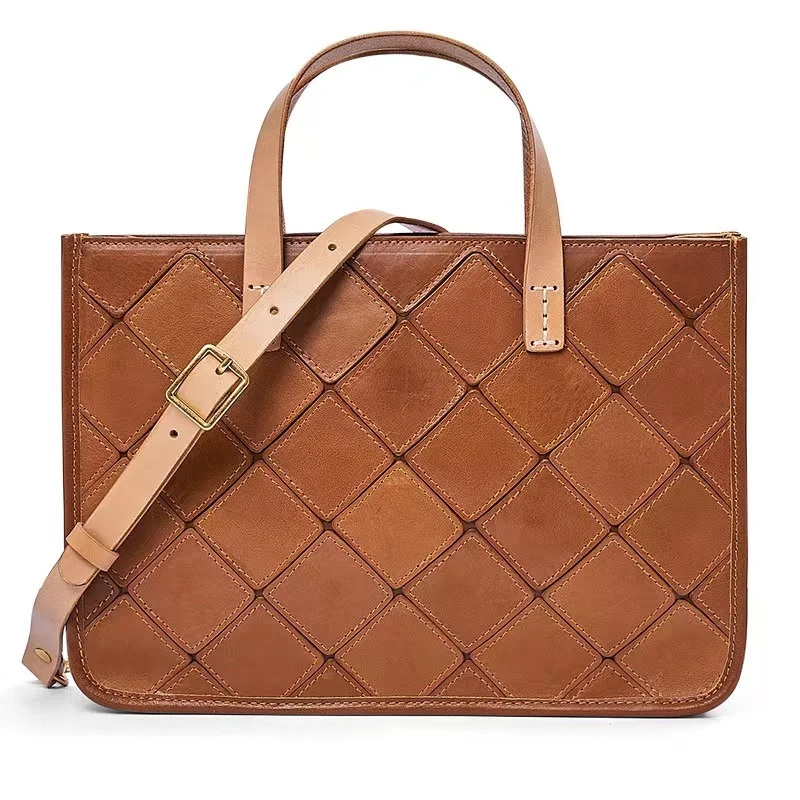 Kabelka Dámska taška 2024 Nový retro ručne vyrobený vysoko kvalitný prvá vrstva Cowhide Tote Tote Diamond v tvare ramena