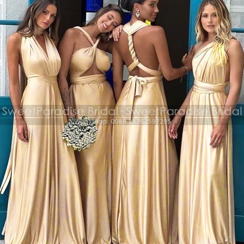 Kabriolet a line družičky šaty Dlhodobé prispôsobené šampanské zlato Sexy backless Women bez rukávov svadobné spoločenské šaty formálne