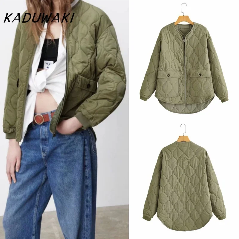 Kaduwaki retro pád V-krk dlhý rukáv s dlhým rukávom Zelené reverzibilné bavlnené bundy dámske bavlnené bunda diamant mriežky košeľa bavlnené bundy