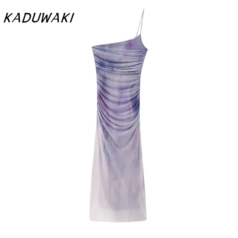 Kaduwaki žena móda Jeden popruhy dlhé rúcho Gradient Farba Purpurová lomka-krk Zložky bez rukávov bez rukávov Zipper ženské šaty v štýle hotweet