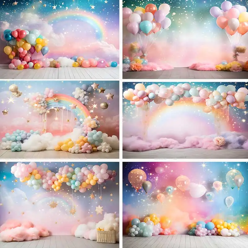 Kady dúhových oblakov Party Backdrops Girl Princess Birthday Photography Cake Smash Balóny svetlá hviezdy na pozadí fotografia Shoot Studio