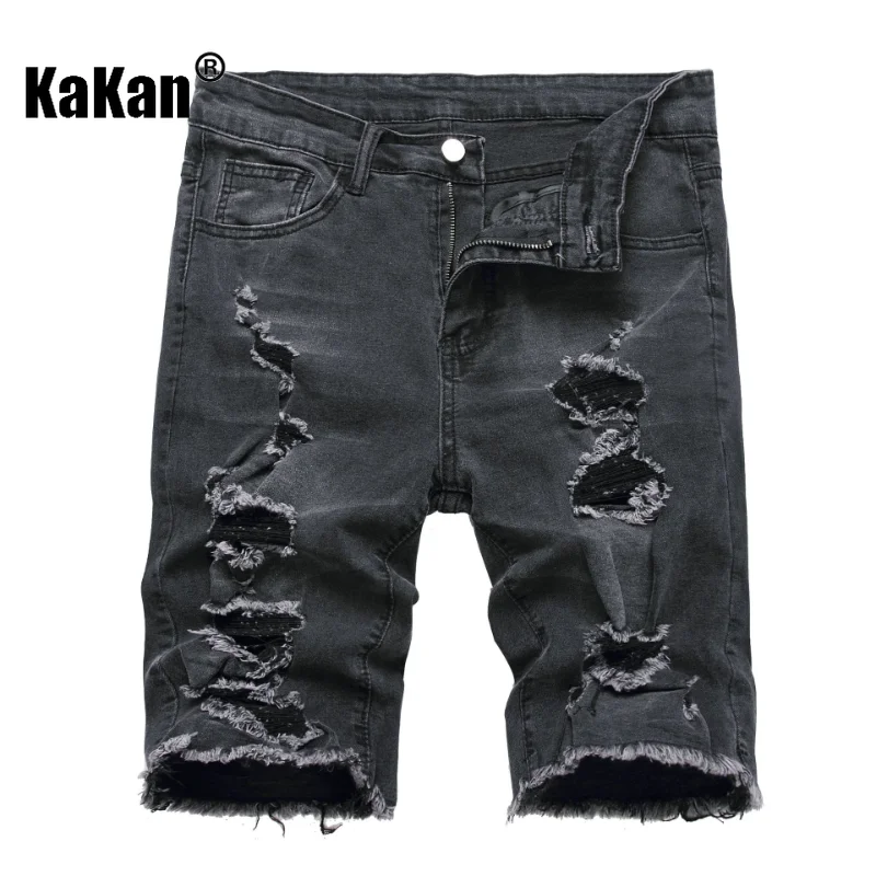 KAKAN - Európske a americké letné leto Nové štvrť štvrťroku Príležitostné džínsy pre mužov, Trendy nohavice so zoškrabanými čiernymi džínsami K09-3011