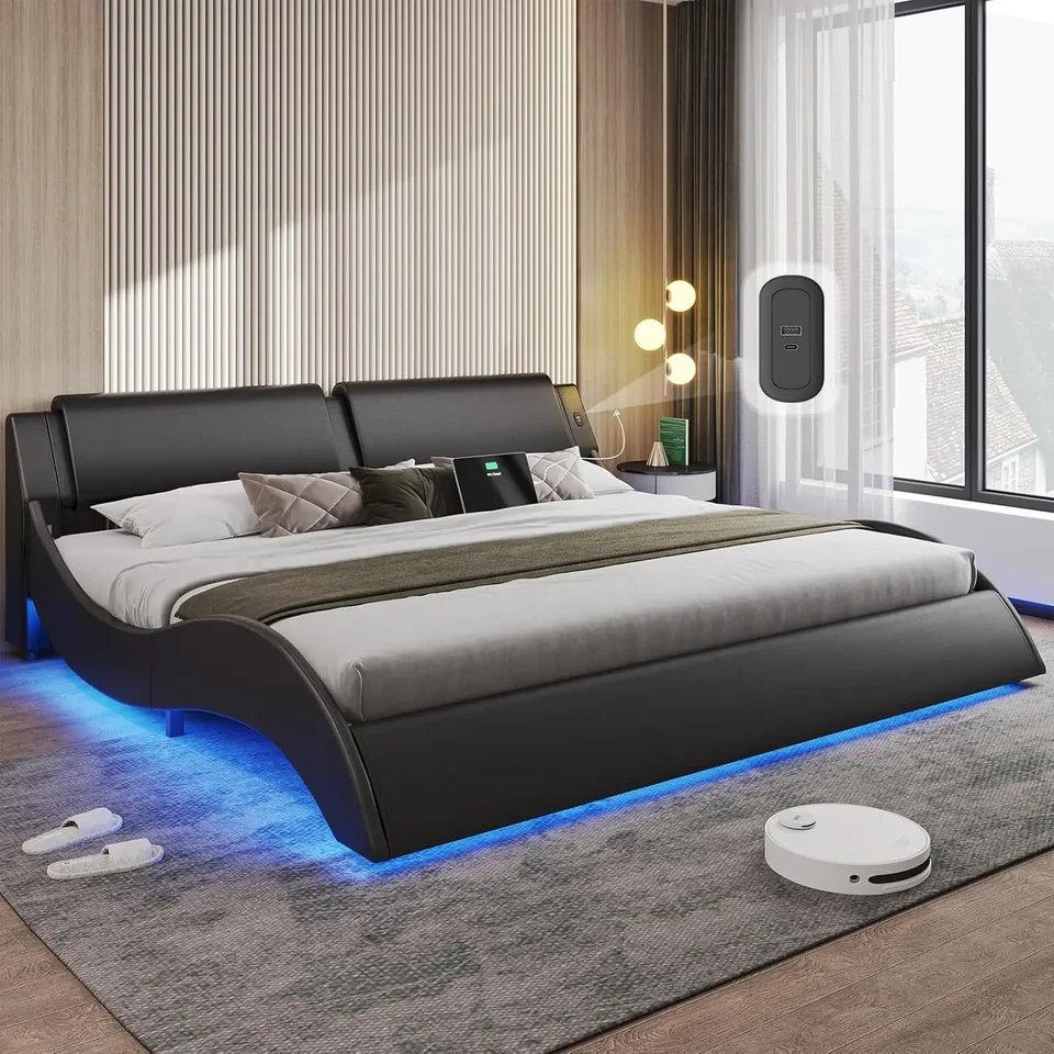 Kalifornia King Bed Frame LED svetlá a porty USB a typu C Moderná platforma Cali King Platform Bed Frame čela faux kože, čierna