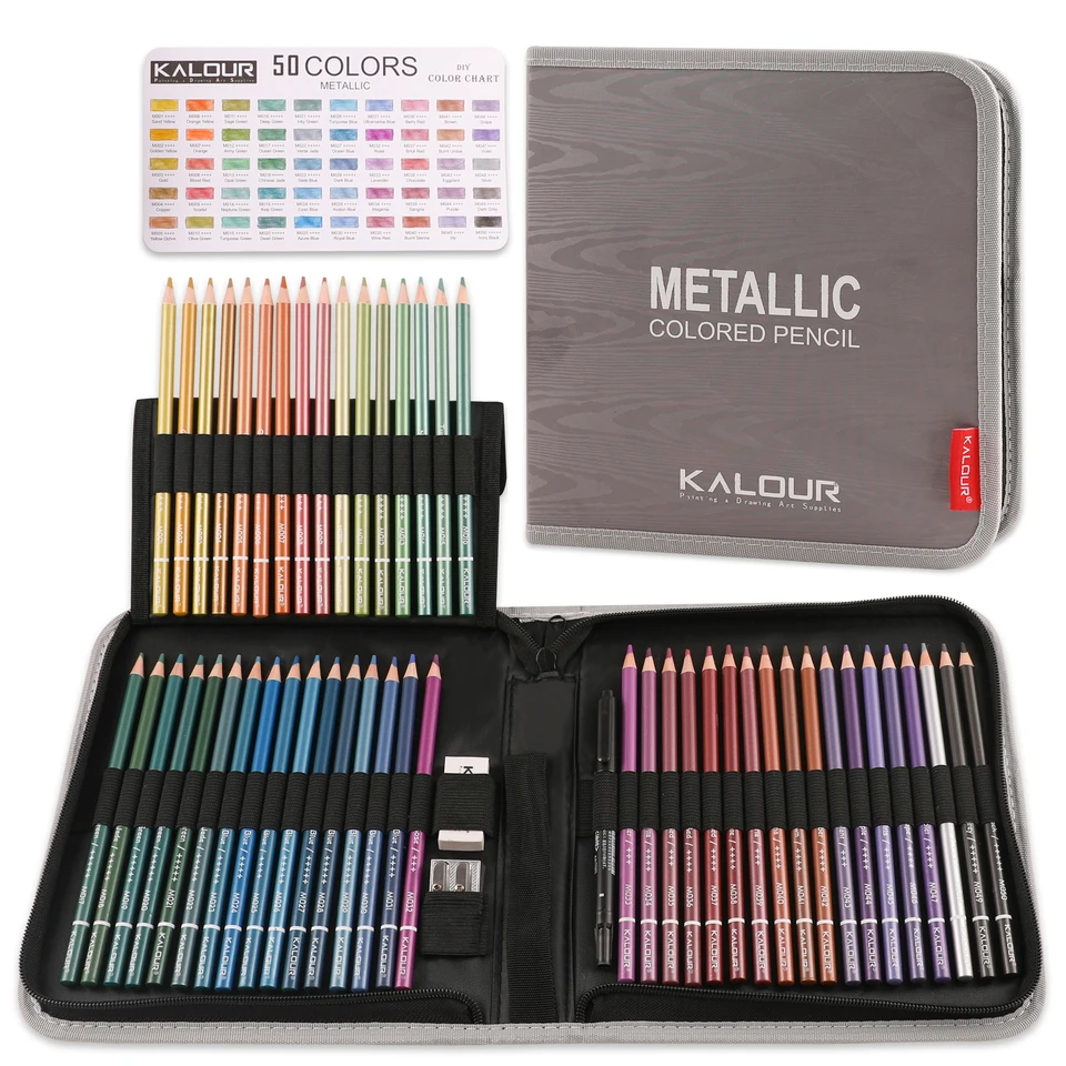 Kalour farebné ceruzky kreslenie Art Supplies Venné farby mäkké jadro 54ks 50Colors kovová farebná ceruzka v zipsom nylonovom puzdre