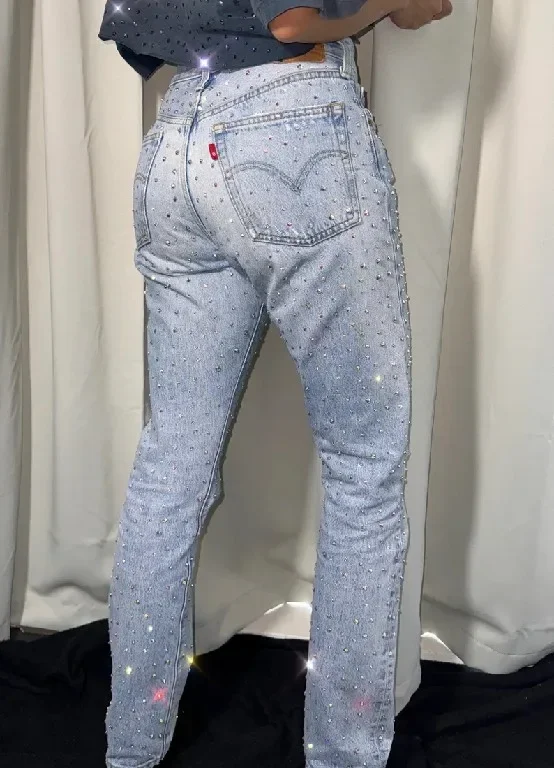 Kamienka flitrové džínsy y2k oblečenie Men Ženy Harajuku hip hop vrecko výšivky retro modré džínsy nohavice High Pase Slim Pradesy