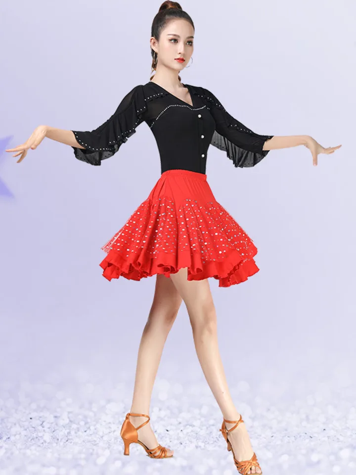Kamienky Ballroom Štandardné sukne Ženy Kórejský štýl oblečenie Moderný tanečný oblek latinský sieťovina Ruffle Waltz Tops 6xl