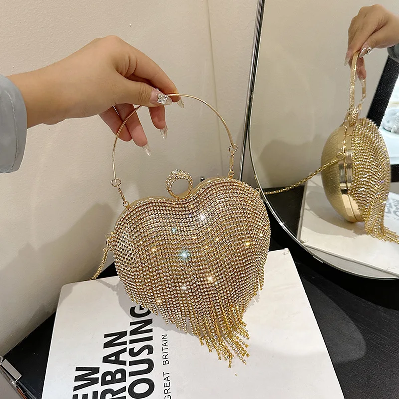 Kamienok Evening Bag Srdce Vzor striebornej kabelky Dámske diamantové strapce banketová spojka a kabelka Svadobné svadobné promové peňaženky