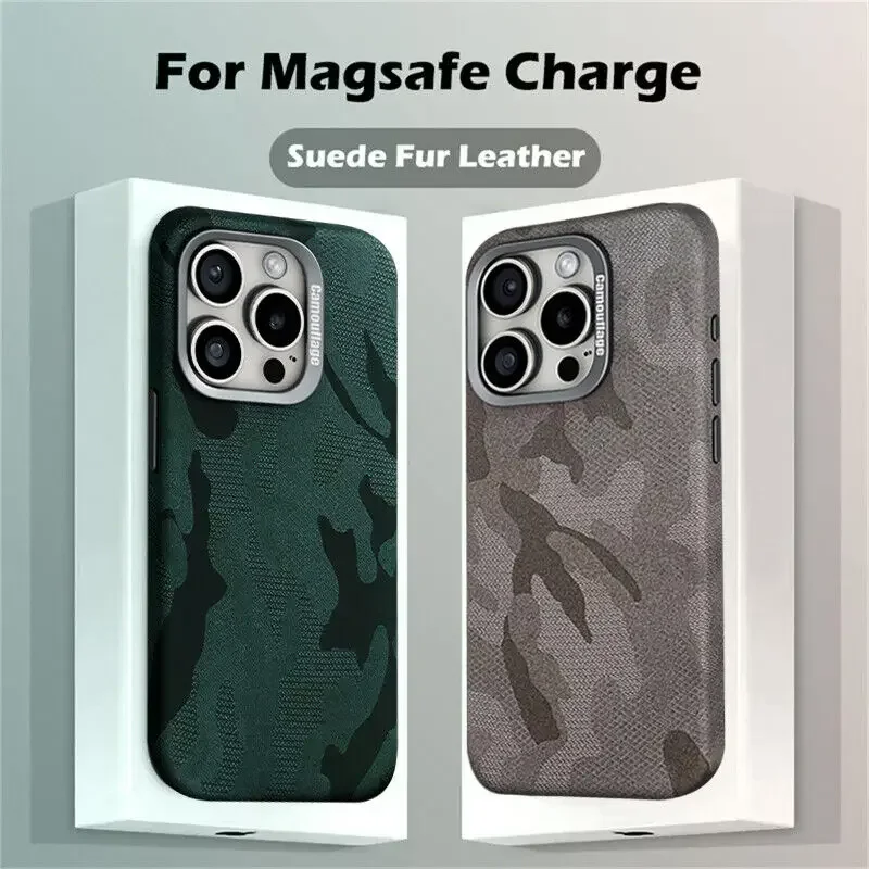 Kamuflážna kožená magnetika pre puzdro na telefón Magsafe pre iPhone 15 14 13 12 16 16 Pro Max