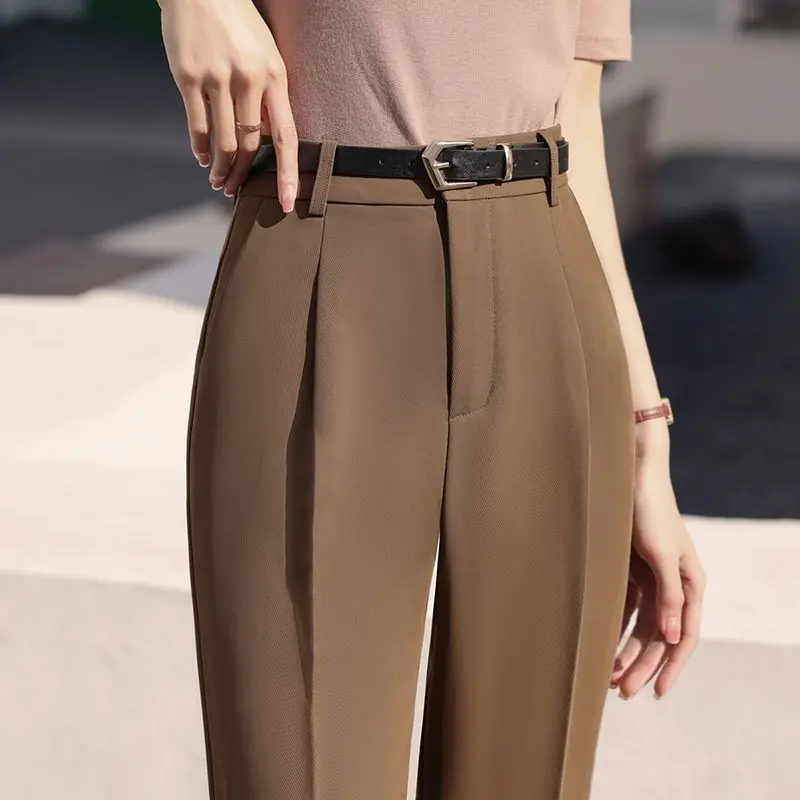 Kancelárska dáma módna káva Harlan Pants Pants jar leto tenké ženy koreon žien s vysokým pásom Príležitostné štíhle plodiny 2023