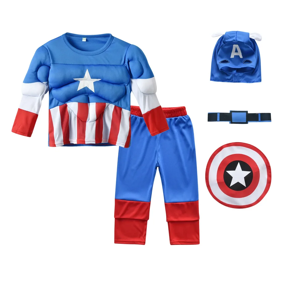 Kapitán Amerika cosplay s dlhým rukávom Kid Avengers svalové obleky Kapitán Amerika Detský oblek