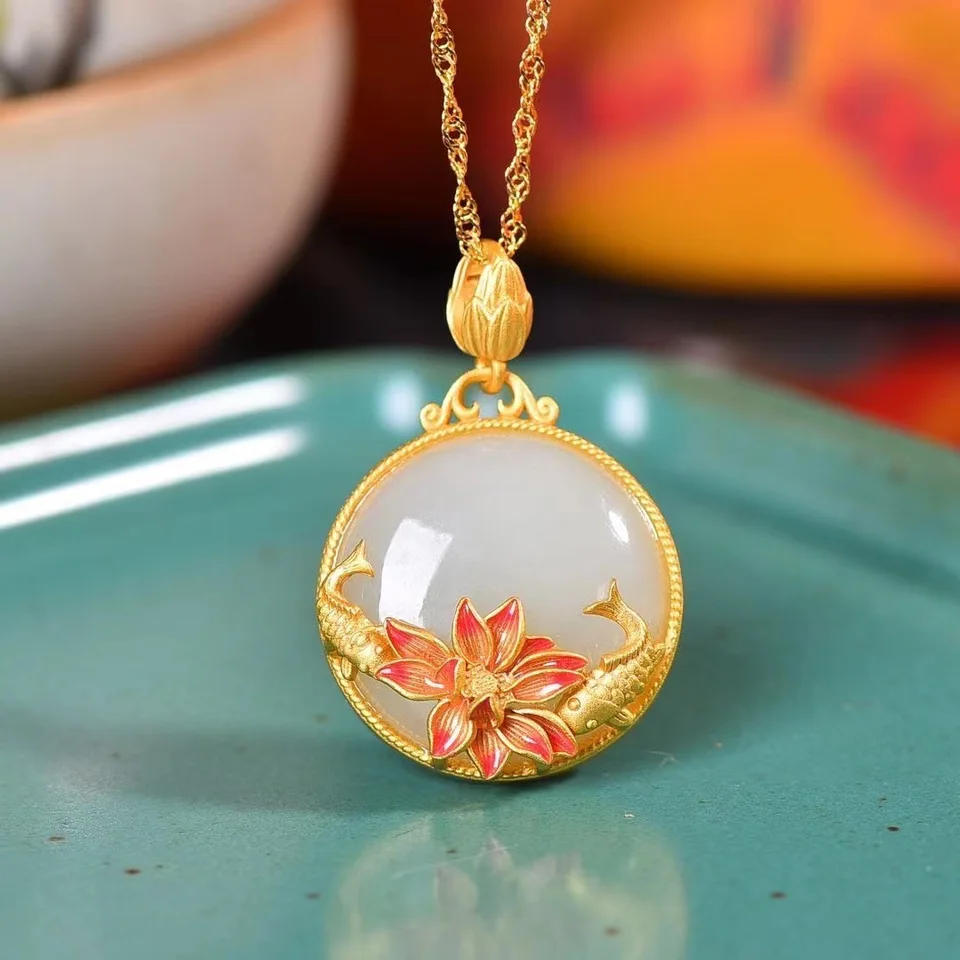 Kapor lotus Sterling Silver Hottian Jade prívesok Žena prírodný čínsky štýl Hetian jade náhrdelník ženský zlatý golier