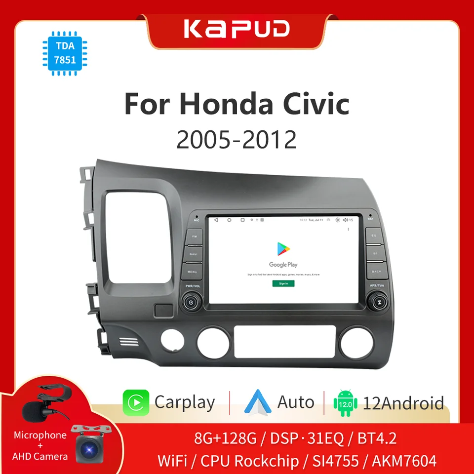 Kapud 8 ″ Android 12 Aut Radio Video Multimedia 360 Fotoaparát pre Honda Civic 2005-2012 4G GPS Player CarPlay Auto SWC DSP NO DVD