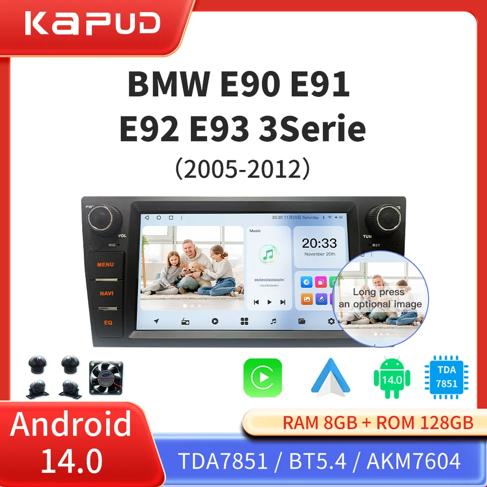 Kapud 8 ″ Android 14 2 DIN Car Radio Multimedia Player pre BMW 3 Series E90/E91/E92/E93 CarPlay Auto 360 Camera WiFi GPS TB DSP