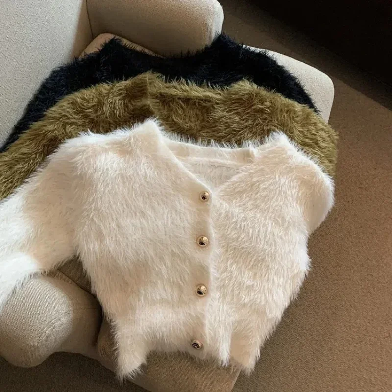 Kardigan plodina top elastické pletenie Mink fleece sveter Ženy y2k horná jar jesenná jeseň voľné vesty na ulici Sexy Fluff Slim Cardigan