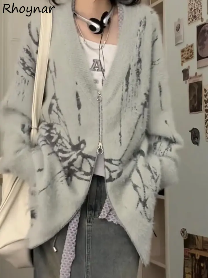 Kardiganové ženy Jeseň V-krk na zips voľný kórejský štýl denný zápas prepravy študenti móda High Street Chic кардган женский