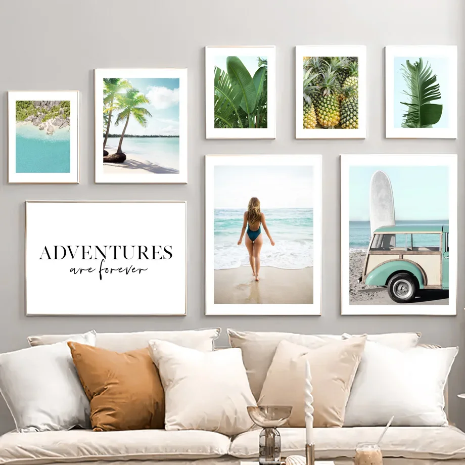 Karibská pláž Girl surfovanie palmy Palm Pineapple Nordic Plagáty výtlačky plátno maľba moderné nástenné umelecké obrázky obývacia izba dekor