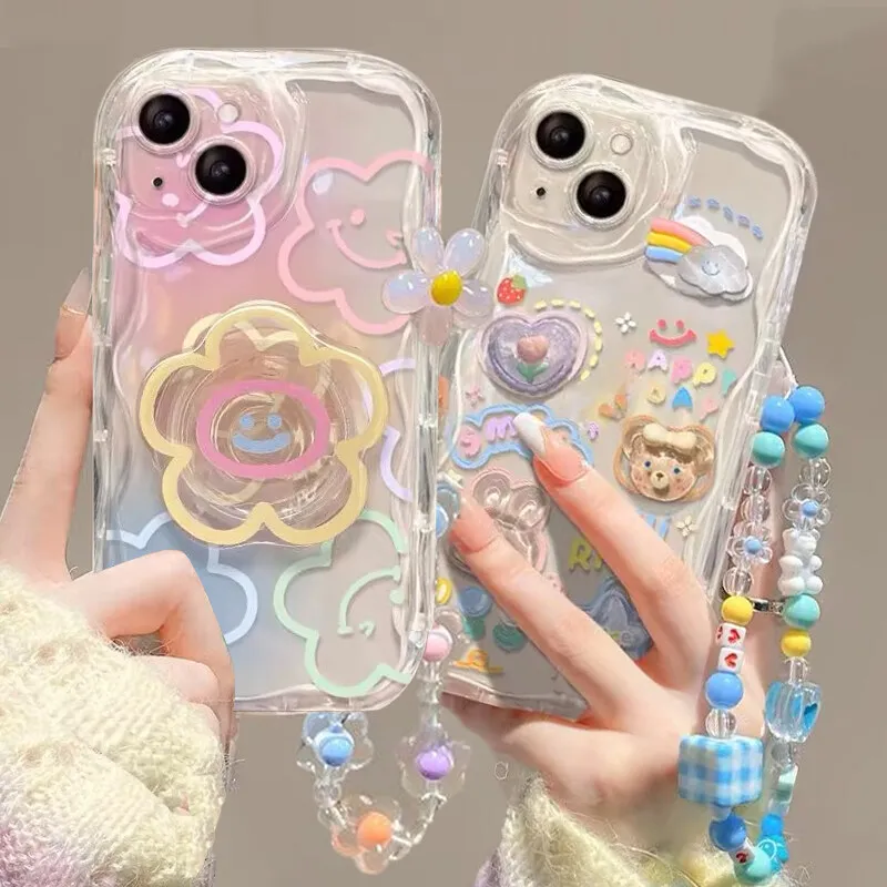 Karikatúra 3D medveď kvetinový reťazec na šnúrku na telefónny prípad pre Huawei Honor 90 Lite 5G Nova 5T 11 7 Pro 7SE 9SE 10SE 10SE P30 P40 Pro Clear Soft