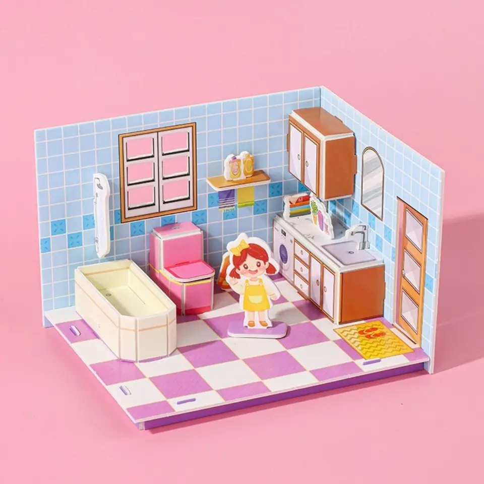 Karikatúra 3D model 3D miestnosť Model Puzzle Hračky Spálňa Living 3D Room Cartboard Ručná kuchynská izba Model remeselníkov