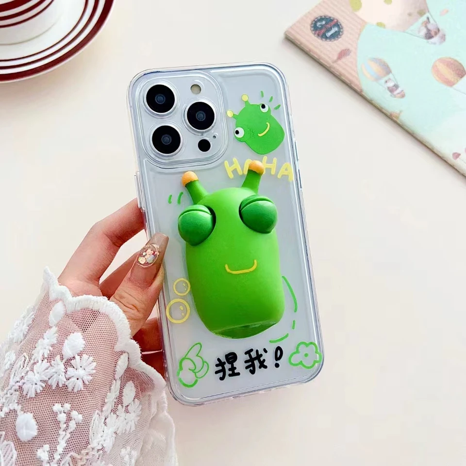 Karikatúra 3D reliérové ​​stresové hračky pre hračky pre telefón pre iPhone 15 14 12 13 11 Pro Max xs xr Funny mimozemský číry mäkký silikónový kryt