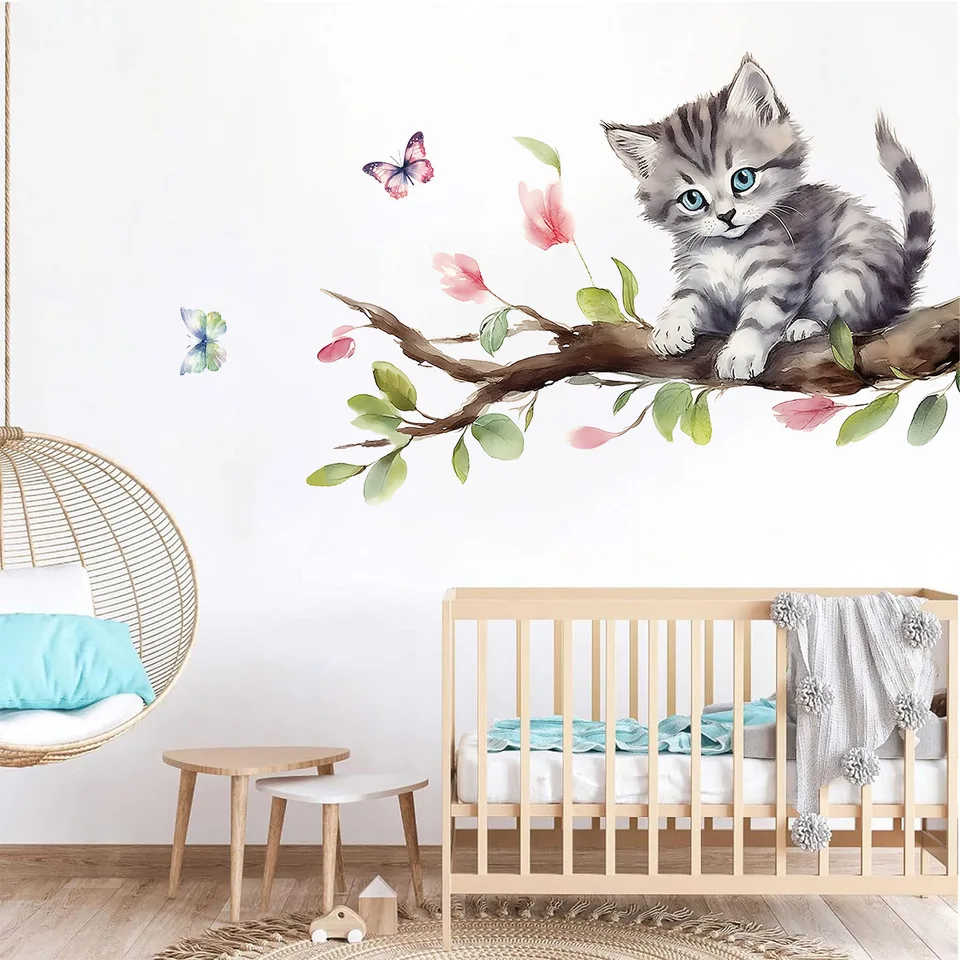 Karikatúra akvarelu roztomilý mačka na stromových nálepkách na nástenné nálepky pre deti dekorácie nálepky na stenu Decorácie Domáce dekorácie