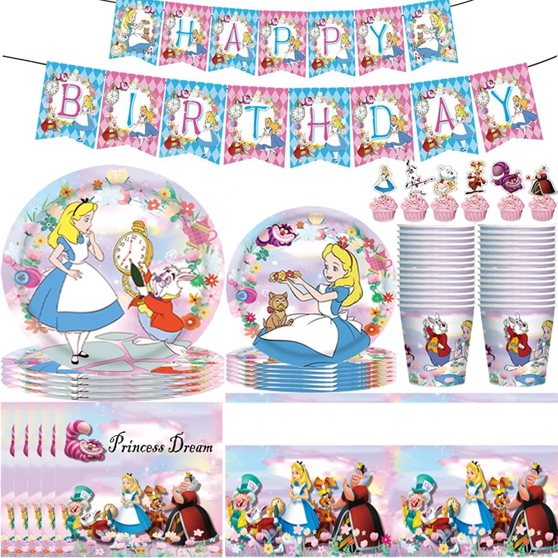 Karikatúra Alice in Wonderland Téma Deti Barkle Pack Event Party Cups Plates Detj Shower Dodávacie zásoby
