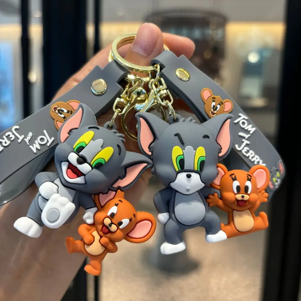 Karikatúra Anime Tom a Jerry's Anti Fall Keychain, roztomilý PVC Action Doll Car Keychain, pár balení, prívesok na roztomilý darček