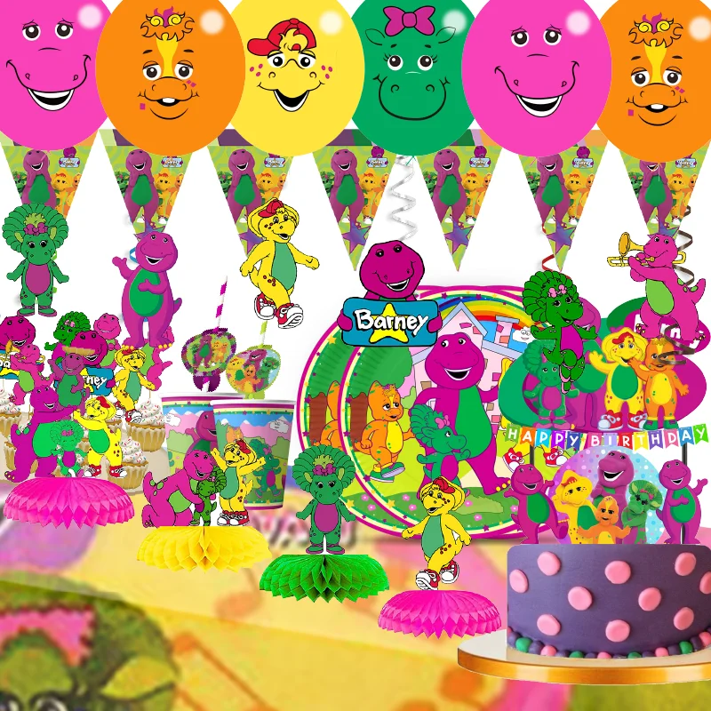 Karikatúra Barney Party Dodávky dekorácie Detské narodeniny na jednorazový riadový riad obrúsok obrusový obrus Plate Plate Party téma laskavosti