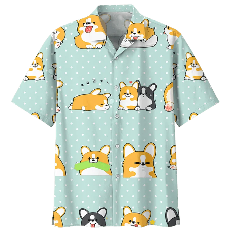Karikatúra Corgi Dog Grafická havajská košeľa pre mužov Summer 3D tlačené zvieracie domáce zvieratá krátke rukávy Street Tops Lafl Gomp