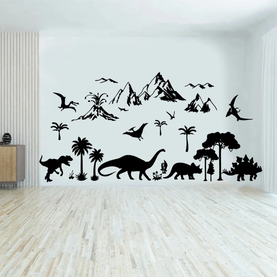 Karikatúra Dinosaurus Animal Forest Tree Wall Sticker Detská herňa Dino Bird Jungle Volcano Mountains Wall Decal Nursery