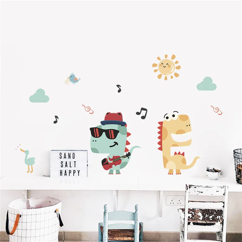 Karikatúra Dinosaury Hrajúce gitarové nálepky na stenu pre detskú izb