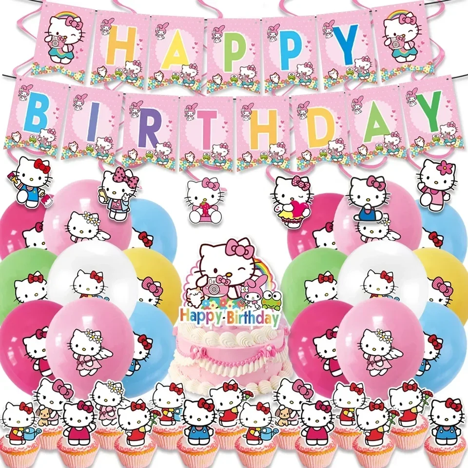 Karikatúra Hello Kitty Party Dodávky set Kid narodeninové oslavy dekorácia mačka mačka dekorácia dekorácia vlajka na pozadie pozadia Balón