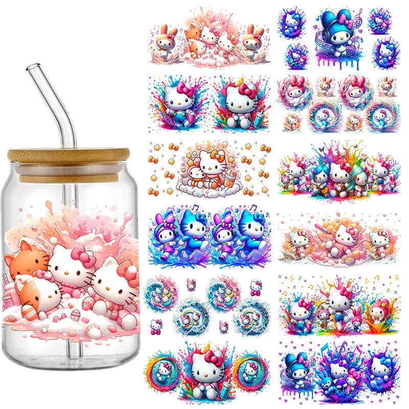 Karikatúra Hello Kitty UV DTF Cup Cup Transfer Sticker pre 16oz kávové sklo môže vodotesné SuperGlue DIY logo