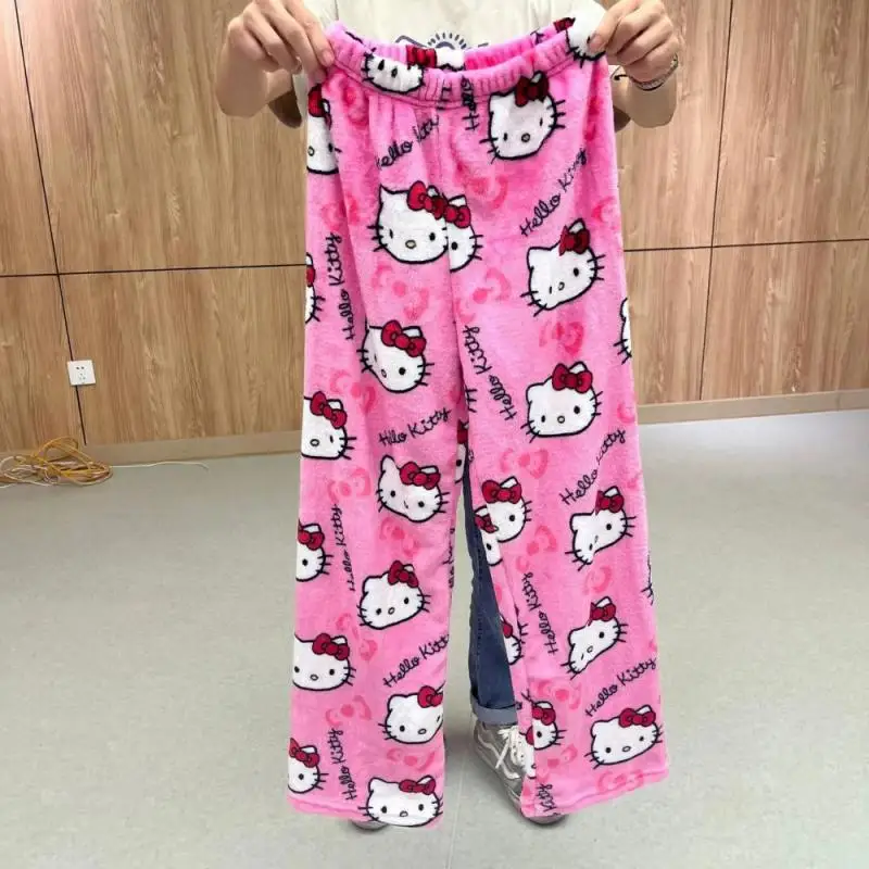 Karikatúra Hello Kittys Plush pyžama nohavice kawaii sanrioed girls študent Spring zima zima mäkké zahusťované ženské domáce oblečenie sladké