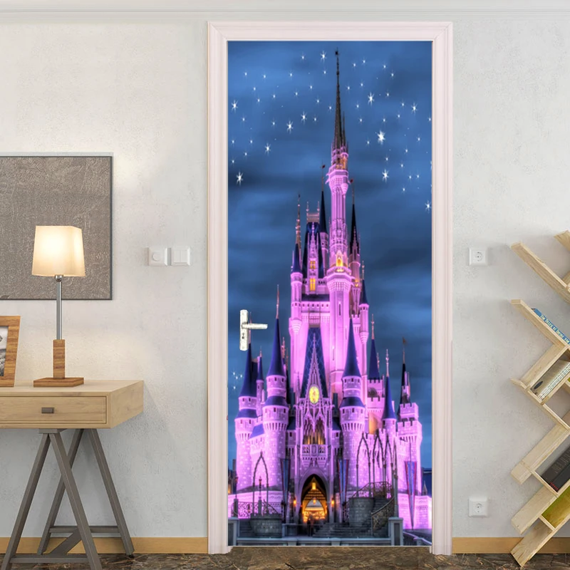 Karikatúra hradný nočný pohľad 3D fotografia Nálepka Nálepka pre dvere pre deti izba Spálňa nepremokavý PVC Self-pasívny stenový papier DIY plagát