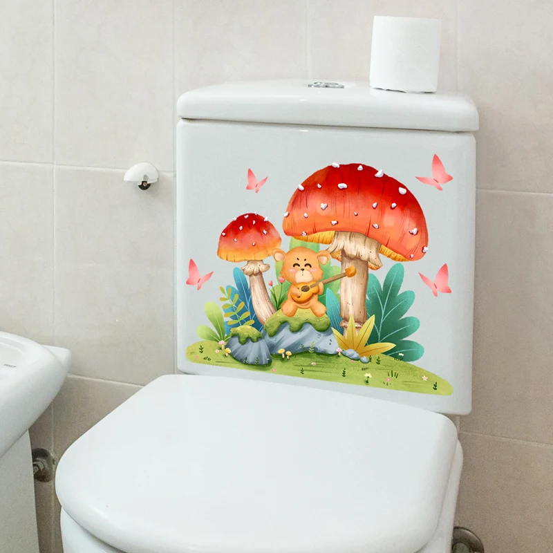 Karikatúra hubová hudba medveď líška motýľ toaleta nálepka kúpeľňa kúpeľňa dekoratívna stena nálepka