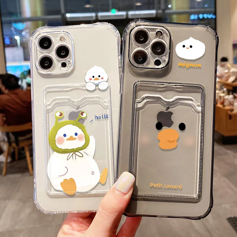 Karikatúra kačacie puzdro pre iPhone 11 puzdro iPhone 13 16 15 12 14 Pro Max xr xs x 7 8 SE Transparentný kryt držiaka vrecka na karty
