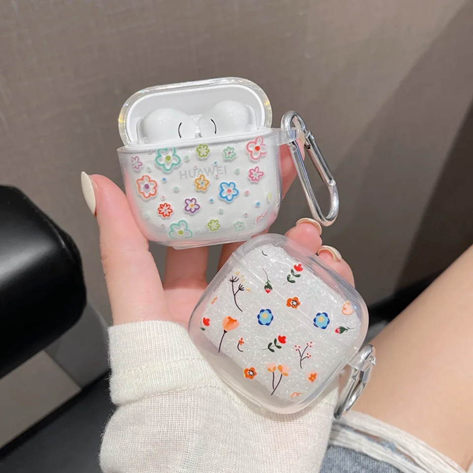 Karikatúra kvetina láska srdcové slúchadlá puzdro pre huawei freeBuds SE 2 SE2 TWS Soft TPU Priehľadný kryt headset s háčikom s háčikom
