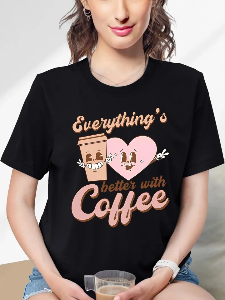 Karikatúra kávové písmeno tlačené tričko Tshirt Cast Crew Neckshor rukávy topforspring letné dámske dámske šaty