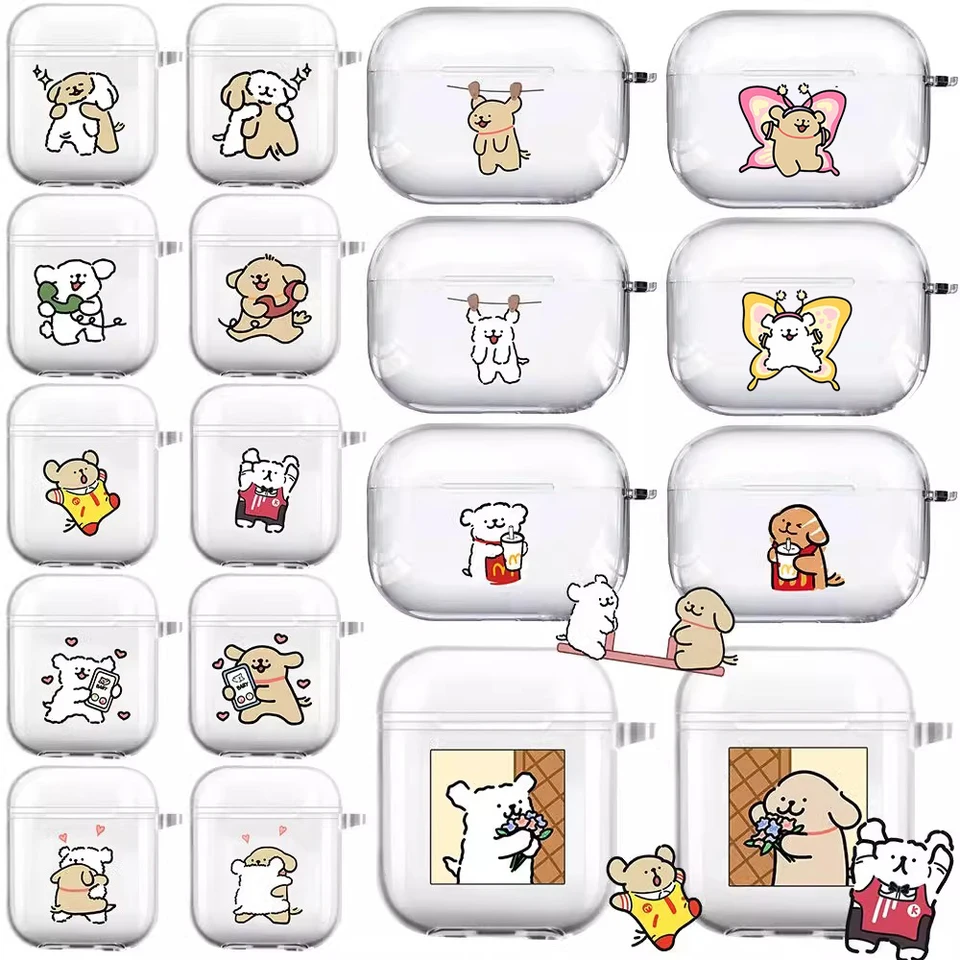 Karikatúra Kórejský psí puzdro pre AirPods 4 1 3 Pro2 Case Cover Coque slúchadlá Priehľadné mäkké TPU Soft Silikone Ochranný kryt