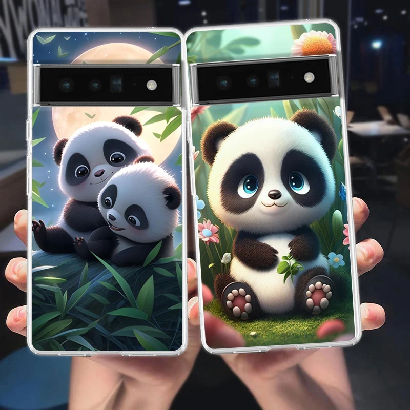 Karikatúra Lovely Panda Puzdet Case pre Google Pixel 9 8 7 6 5 4 4xl 7a 6a 5a 4a 3a 3a XL PRO 5G Priehľadný silikónový škrupina