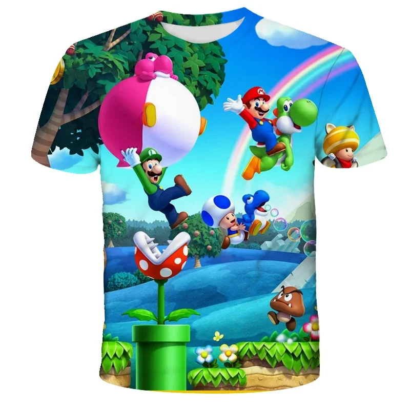 Karikatúra Mario Brothers Pattern Detské tričko módne chlapci Rainbow krátky rukáv voľný náhodný pullover pre deti Top leto 3-14y