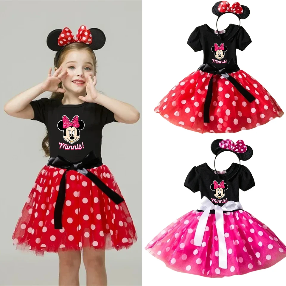 Karikatúra Mickey Minnie Mouse Kids Princess Dress Šaty s krátkym rukávom Polka dot 1-6y párty detské dievčatá oblečenie Cosplay kostýmy