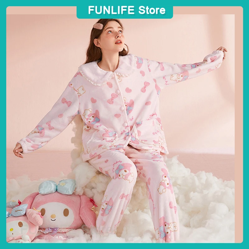 Karikatúra My melody pyžamá set girls coral zamat pyžama zimné teplé plyšové spánkové oblečenie Domáce nosenie oblečenia vianočné darčeky