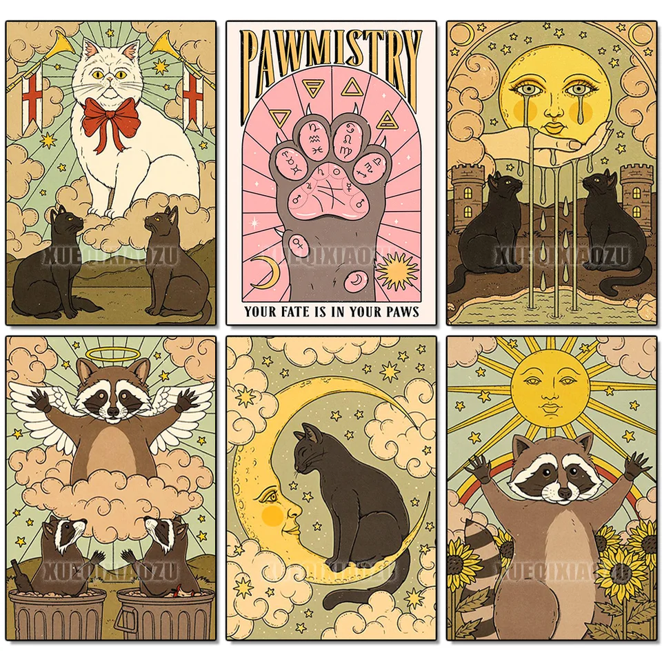 Karikatúra mývala mačka Diamond maľba tarot retro plagát pový