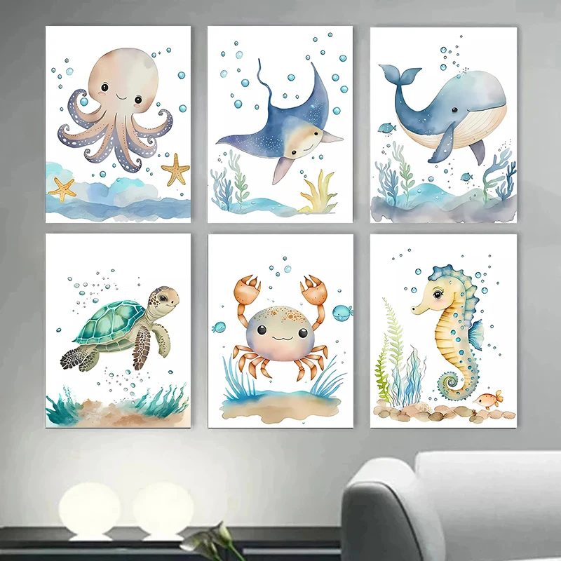 Karikatúra oceány zvieratá veľryba morské koní korytnačka škôlka postere tlač na stenu