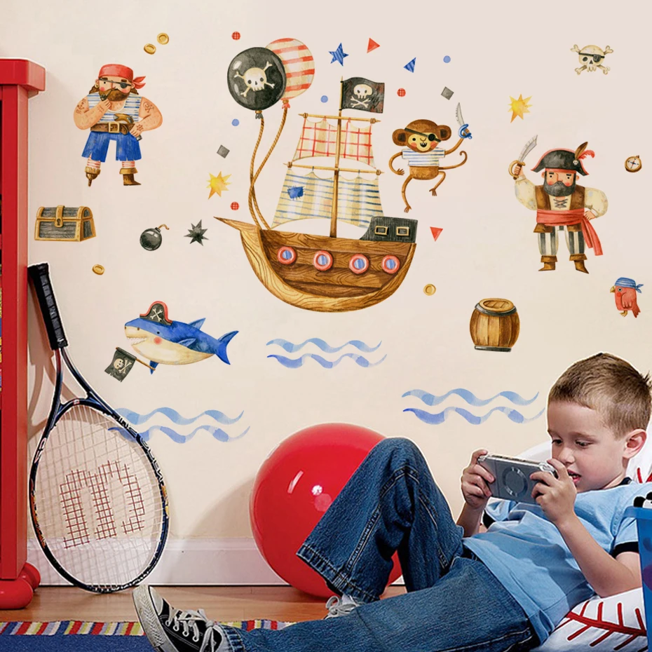Karikatúra piráti Corsair Monkey Treasure Watercolor Wall Sticker Vinyl Boy detská škôlka