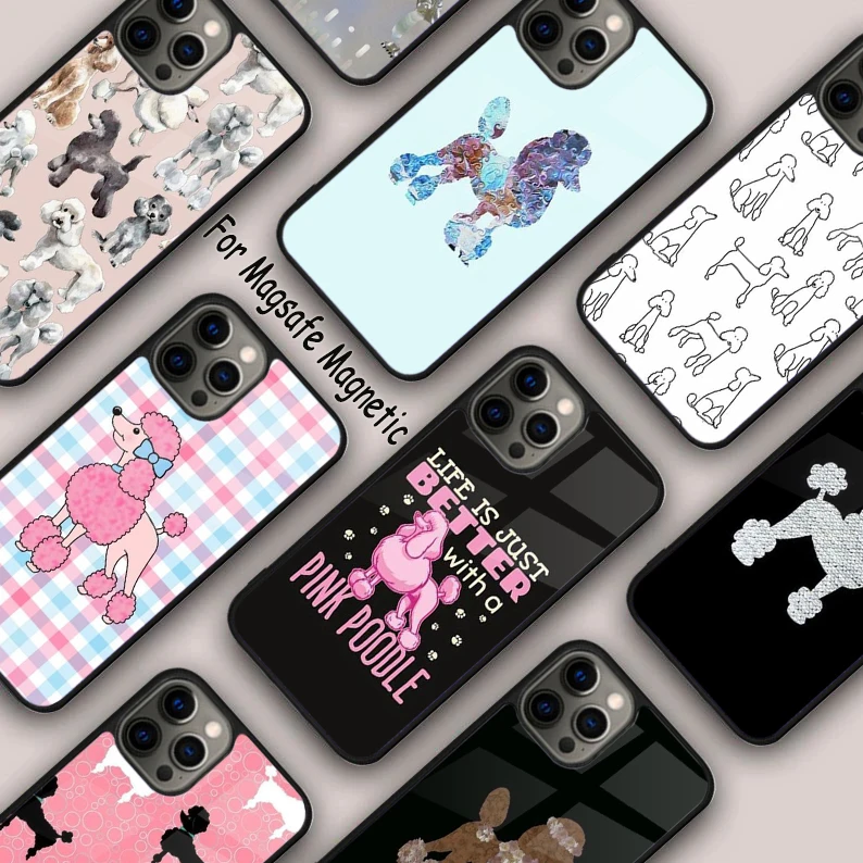 Karikatúra pudle pre psov magnetický telefón pre Apple iPhone 16 14 13 12 11 Pro Max 15 Plus bezdrôtový nabíjanie s krytom Magsafe