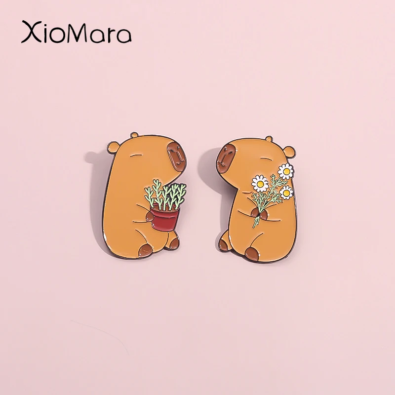 Karikatúra pár capybara smaltované špendlíky Vlastné rastlinné kvetiny delfínové brošne klopne odznaky roztomilé zvieracie šperky darček pre deti priateľov