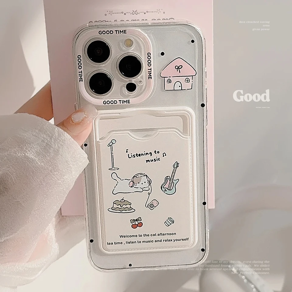 Karikatúra roztomilá mačka s taškou na kartu s priehľadným telefónom pre iPhone 15 13 12 11 Pro Max 7 8 14 Plus xs xr xs max